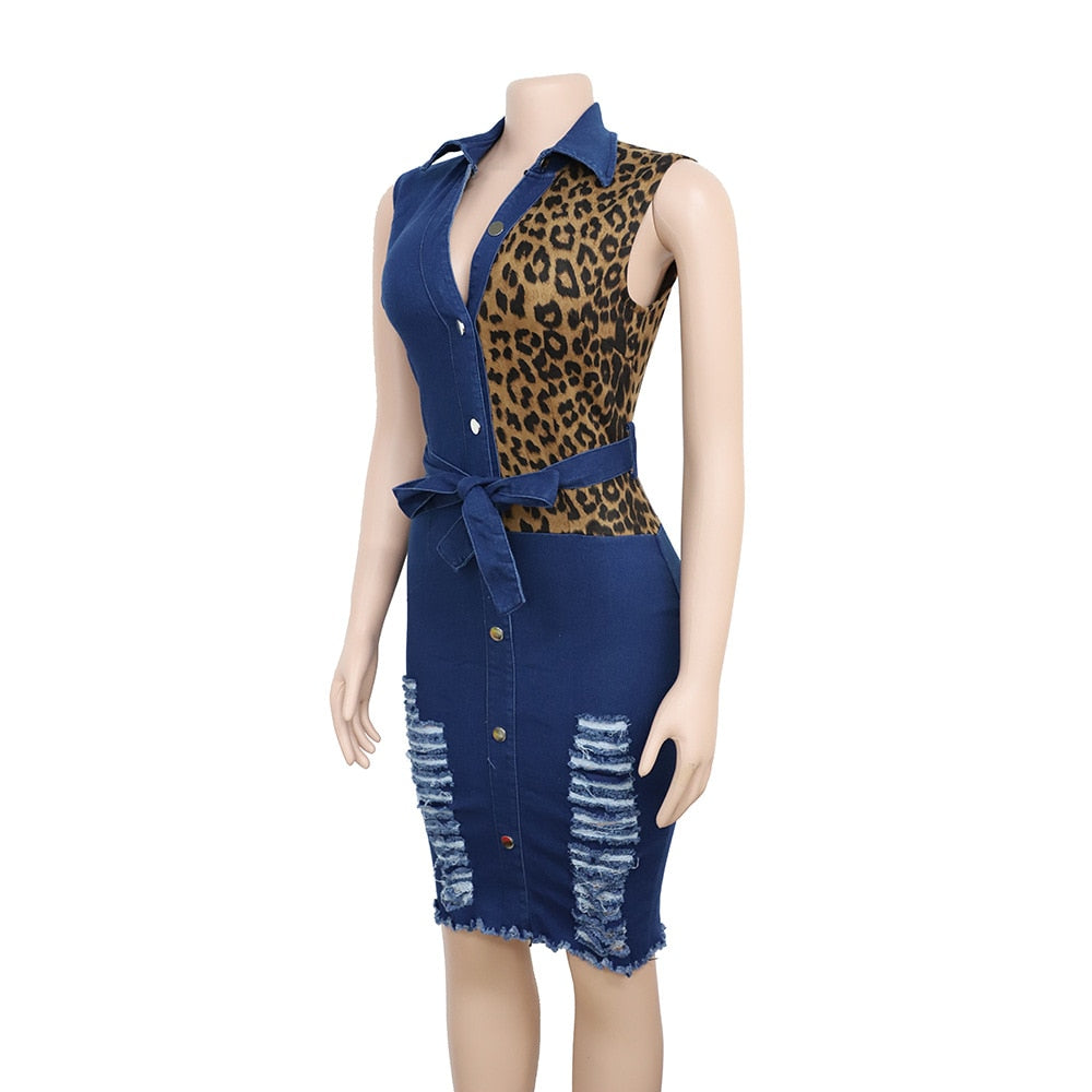 ICCLEK Elegant Women Denim Dress Plus Size Leopard Dress For Women 2023 Fashion Women'S Summer Dress Africa Clothes