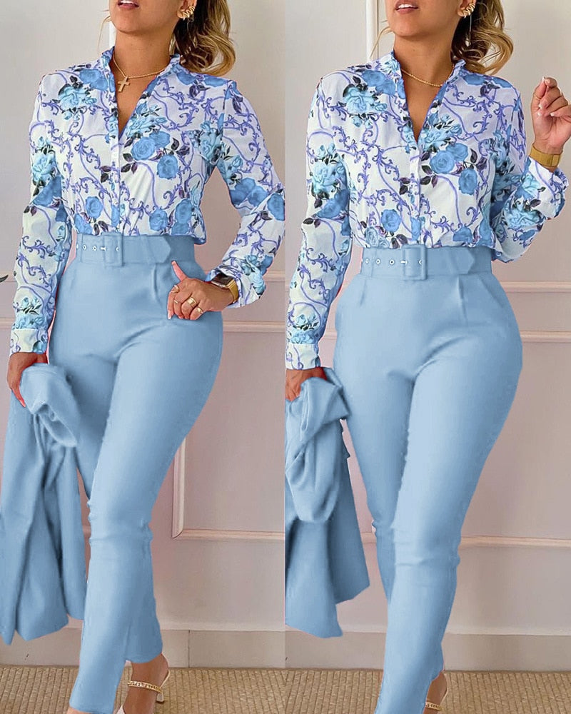 Women Shirt Pants Set Elegant Fashion V Neck Floral Print Long Sleeve High Waist Two Piece Set Office Lady Casual Trousers Suits