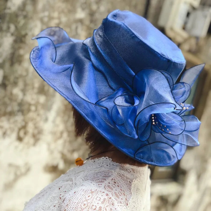 Elegant Big Brim Fedora Hats Women Organza Sun Hats Flower Lace Wide Brim Hat Lady Wedding Party Kentucky Derby Wide Church Cap