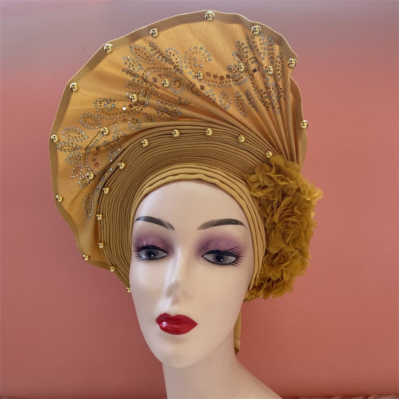 latest aso oke auto gele headtie Already Handmade African Cap Nigerian Wedding Gele Women Braid Turbans Ladies head Wraps 7L0981