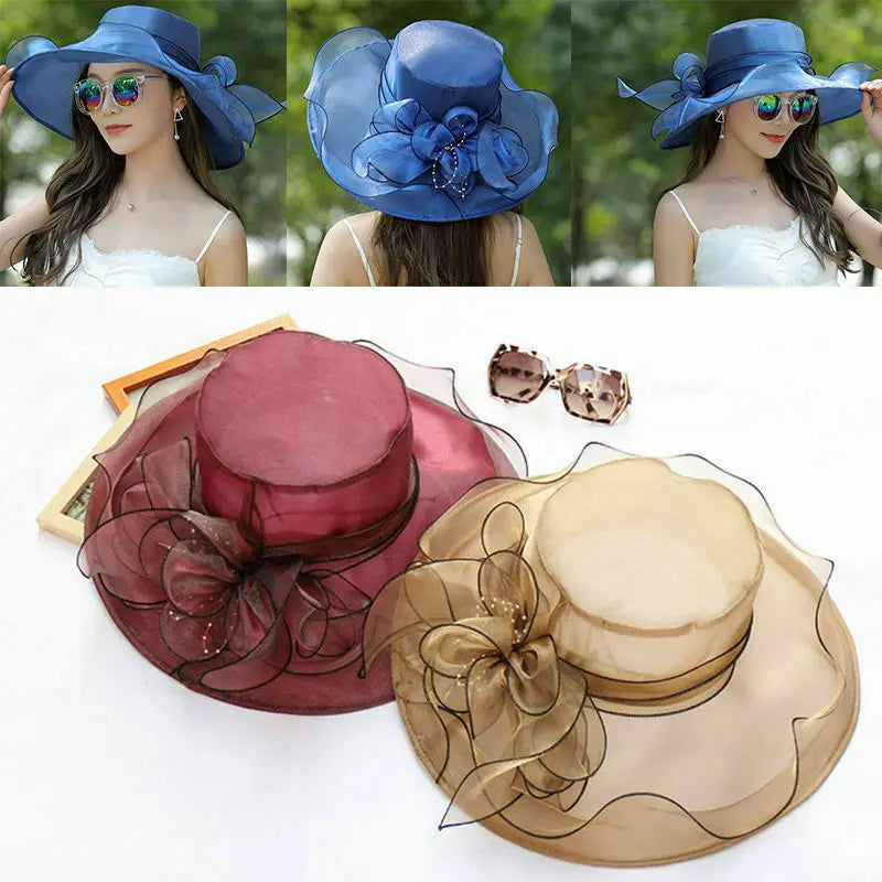 Elegant Big Brim Fedora Hats Women Organza Sun Hats Flower Lace Wide Brim Hat Lady Wedding Party Kentucky Derby Wide Church Cap