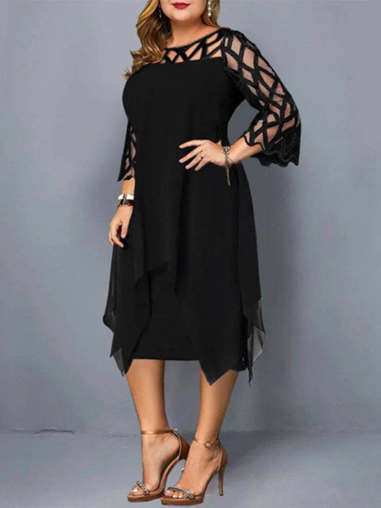 Elegant Midi Party Dress For Chubby Women Xxl O Neck Lace Sleeve Hollow Out Solid Sexy Women'S Clothing  Evening Dresses 2023