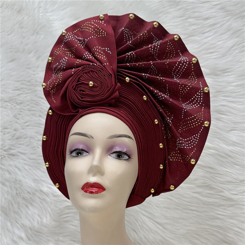 latest aso oke auto gele headtie Already Handmade African Cap Nigerian Wedding Gele Women Braid Turbans Ladies head Wraps 7L0981