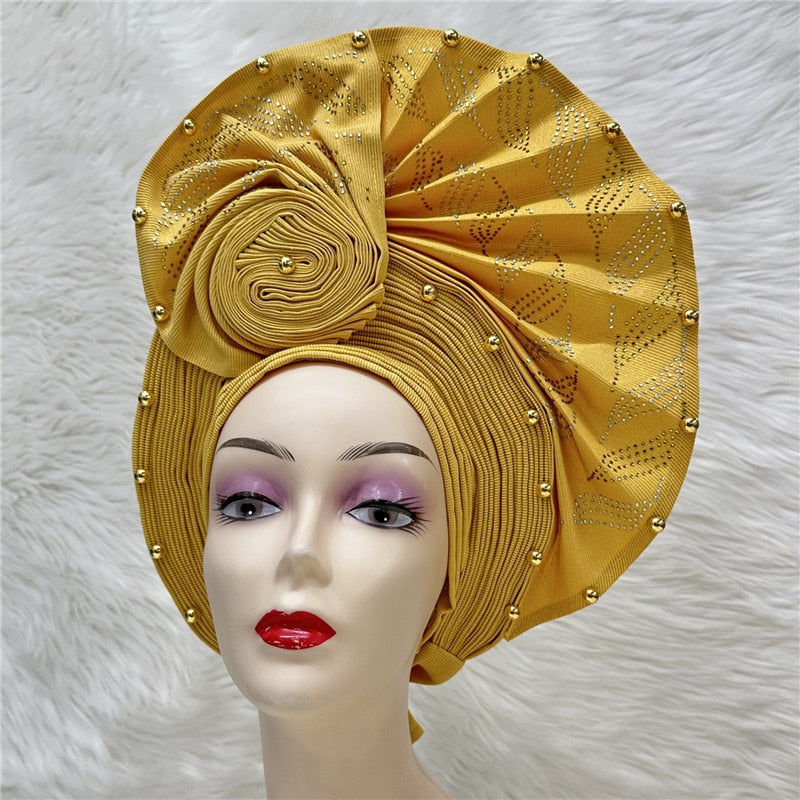 latest aso oke auto gele headtie Already Handmade African Cap Nigerian Wedding Gele Women Braid Turbans Ladies head Wraps 7L0981