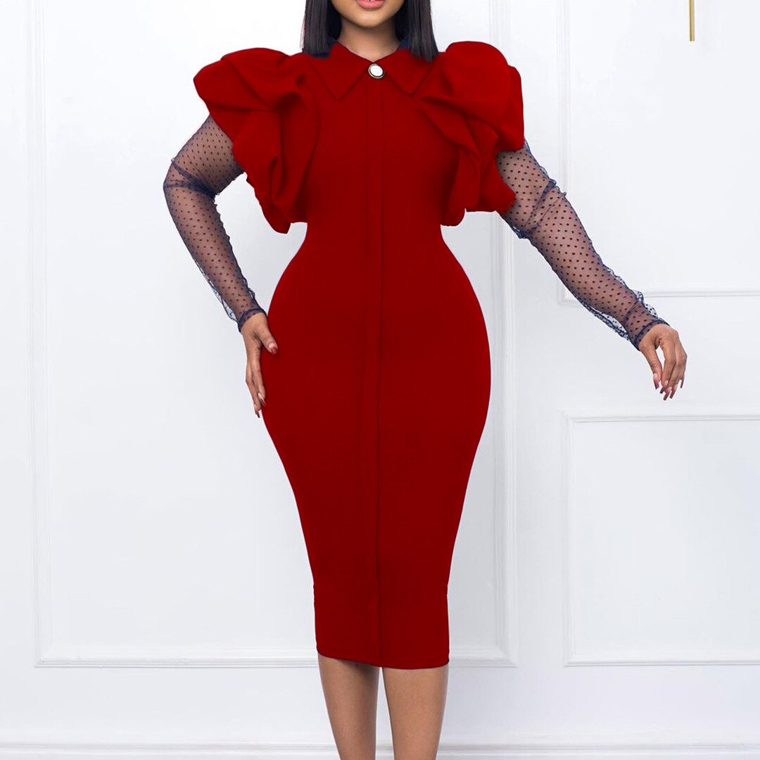 Autumn Dress Women&#39;s Fashion Solid Doll Neck Mesh Splice Long Sleeve Pencil Dress Women&#39;s Temperament Commuter Fitted Dress