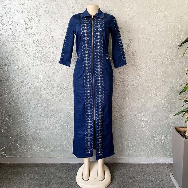 Denim African Dresses for Women 2023 Dashiki Diamond Plus Size African Clothes Long Sleeve Evening Party Dress Abaya Boubou Robe