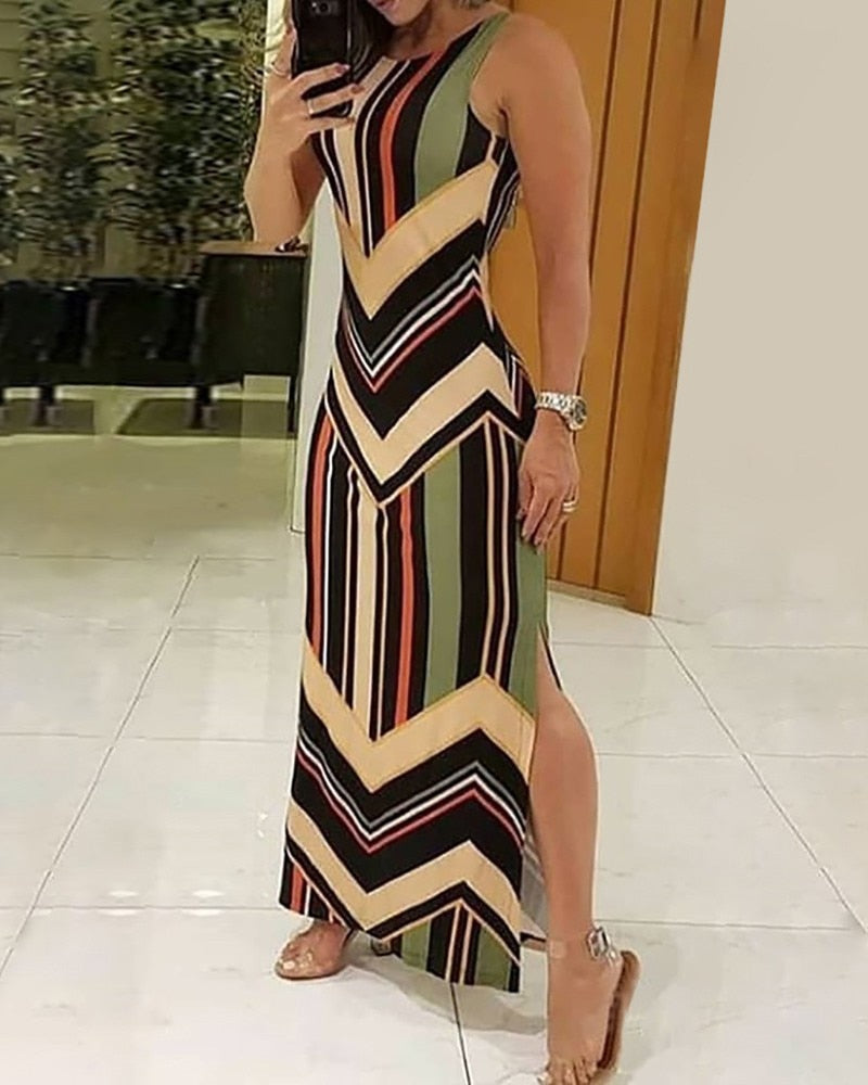 Colorful Striped Print Side Slit Maxi Dress Women Colorblock Sleeveless Slim Long Dresses