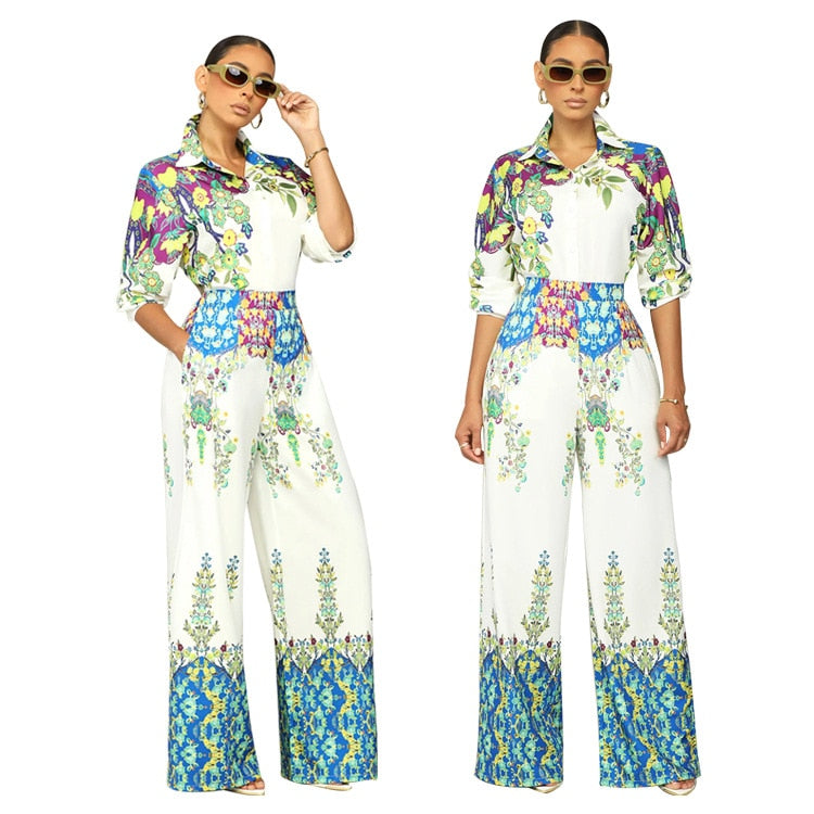 2 Piece African Clothes for Women 2023 African Long Sleeve V-neck Print Polyester Top Long Pant Matching Sets African Clothing