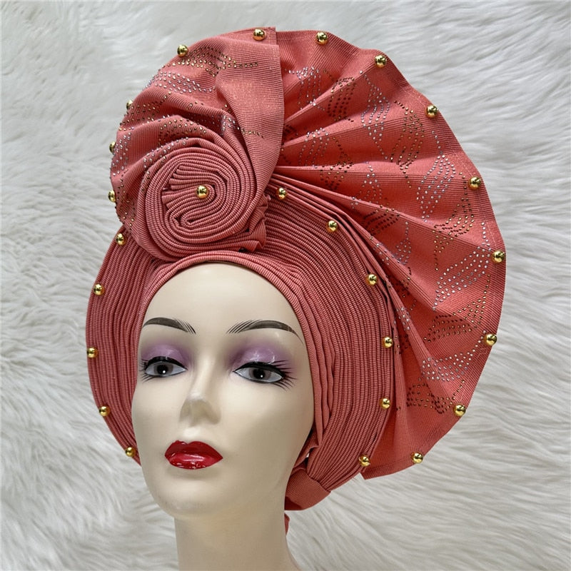 latest aso oke auto gele headtie Already Handmade African Cap Nigerian Wedding Gele Women Braid Turbans Ladies head Wraps 7L0981