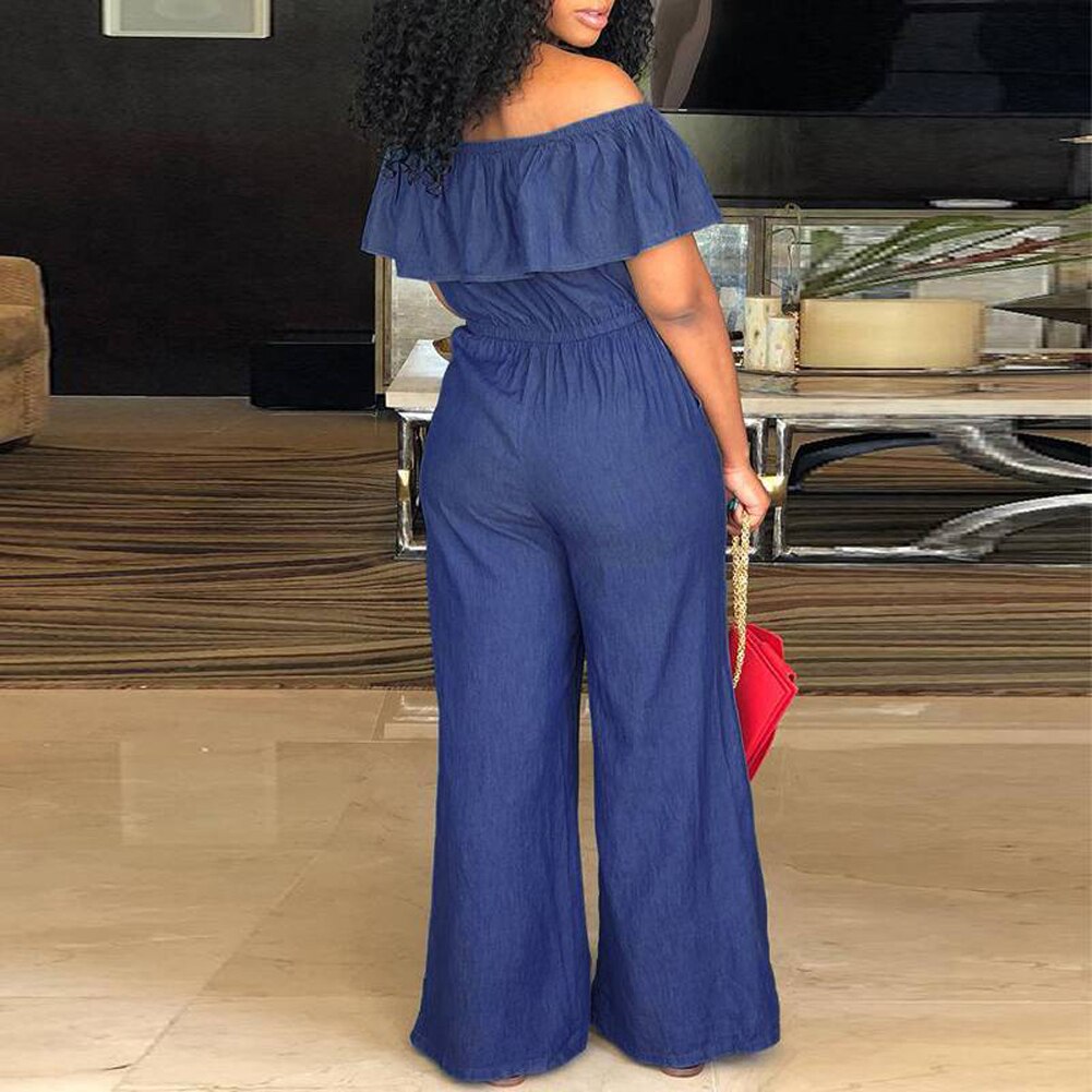 Ladies Sexy Solid Color Jumpsuit, Summer Women Off Shoulder Flouncing Casual Denim Shorts Siamese Trousers with Belt