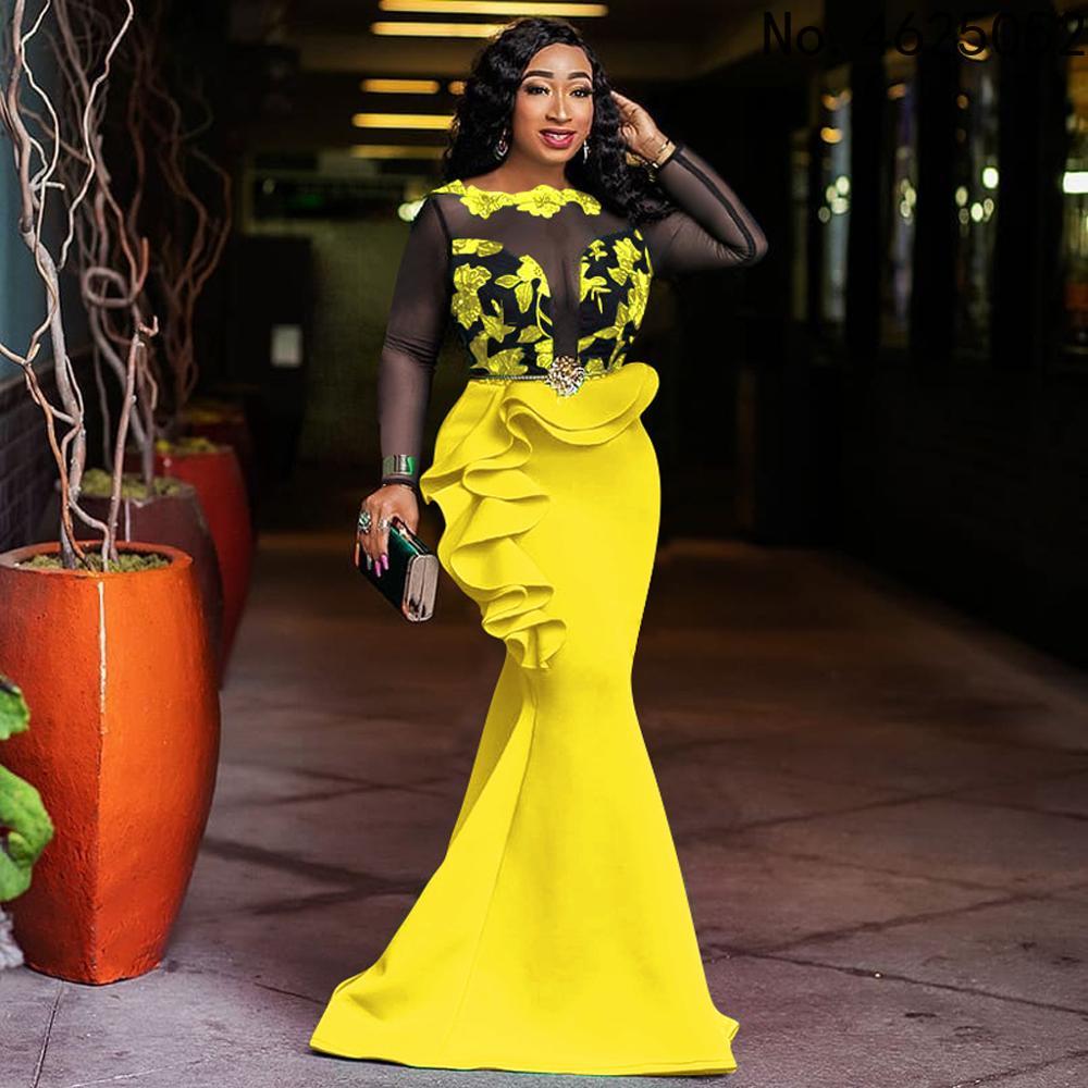 Yellow Women Mermaid Dress Sexy Hot African 2023 Party Club Long Maxi Dress Robe Elegant Dinner Femme Vestiods Ruffles Dress