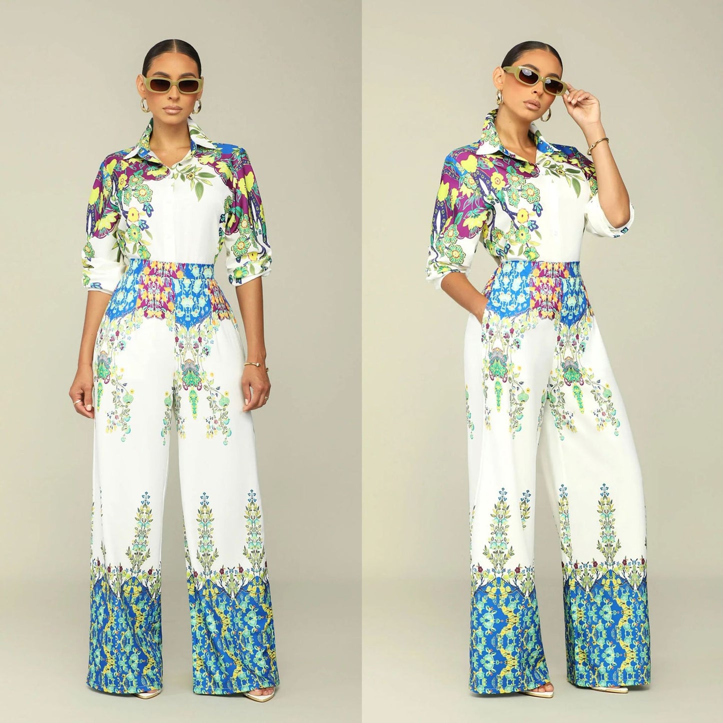 2 Piece African Clothes for Women 2023 African Long Sleeve V-neck Print Polyester Top Long Pant Matching Sets African Clothing