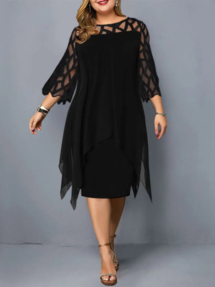 Elegant Midi Party Dress For Chubby Women Xxl O Neck Lace Sleeve Hollow Out Solid Sexy Women'S Clothing  Evening Dresses 2023