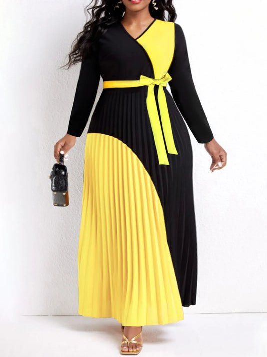 LW Elegant Fall Maxi Dresses Bandage DesignTiered Pleated A Line Dress Belted Long Sleeve V Neck Flowy Patchwork Vestidos