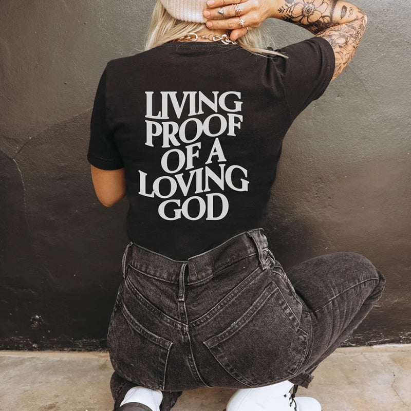 Men Women Summer Living Proof of a Loving God Print Y2k T-shirt Unisex Christian Cross Jesus Short Sleeved Tees Loose Cotton Top