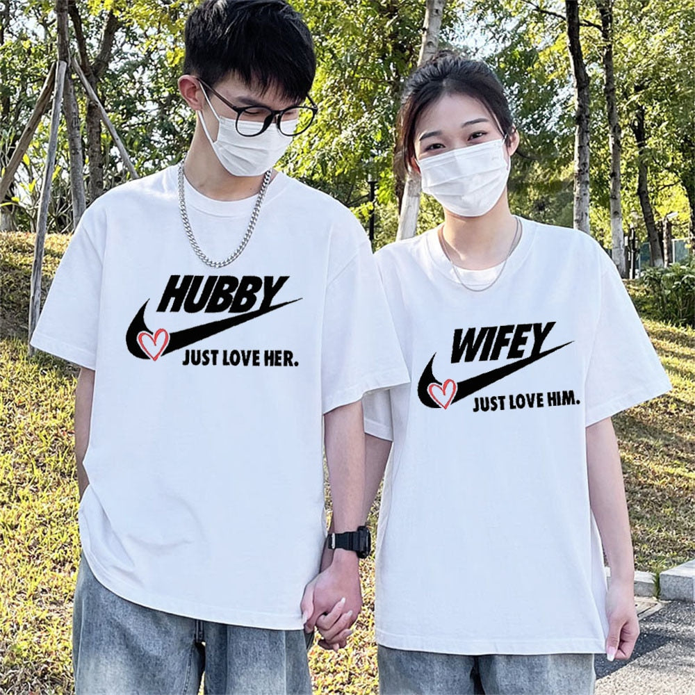 240g High Quality Cotton Hubby Wifey Love Couples Matching Valentine's Lover Gift Vacation Summer Short Sleeve TShirt Tee