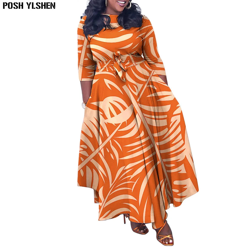 Plus Size Fashion African Party Dresses for Women Dashiki Ankara Lace Up Gowns Elegant Print Turkey Muslim Maxi Dress 2023 New