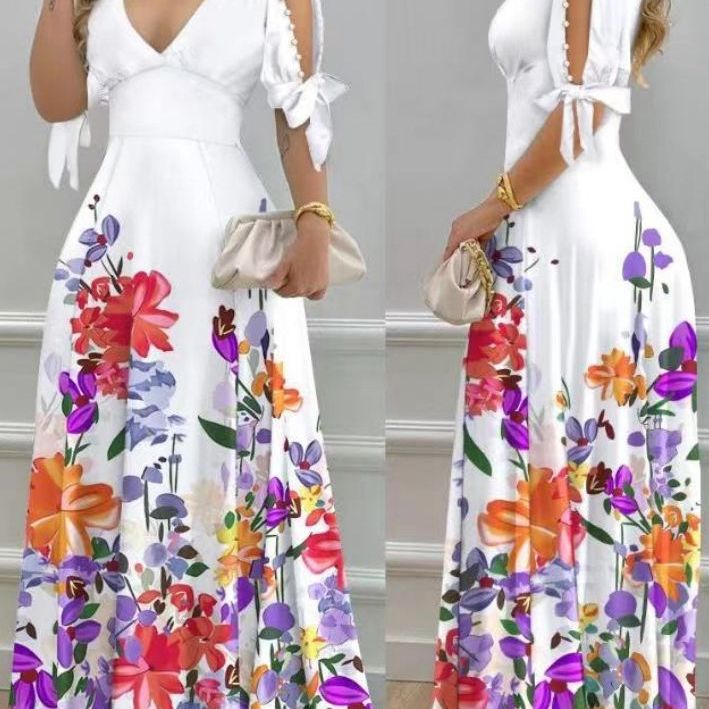 African Print Dresses for Women Summer African V-neck Short Sleeve Polyester Long Dress Maxi Dress Dashiki African Clothing