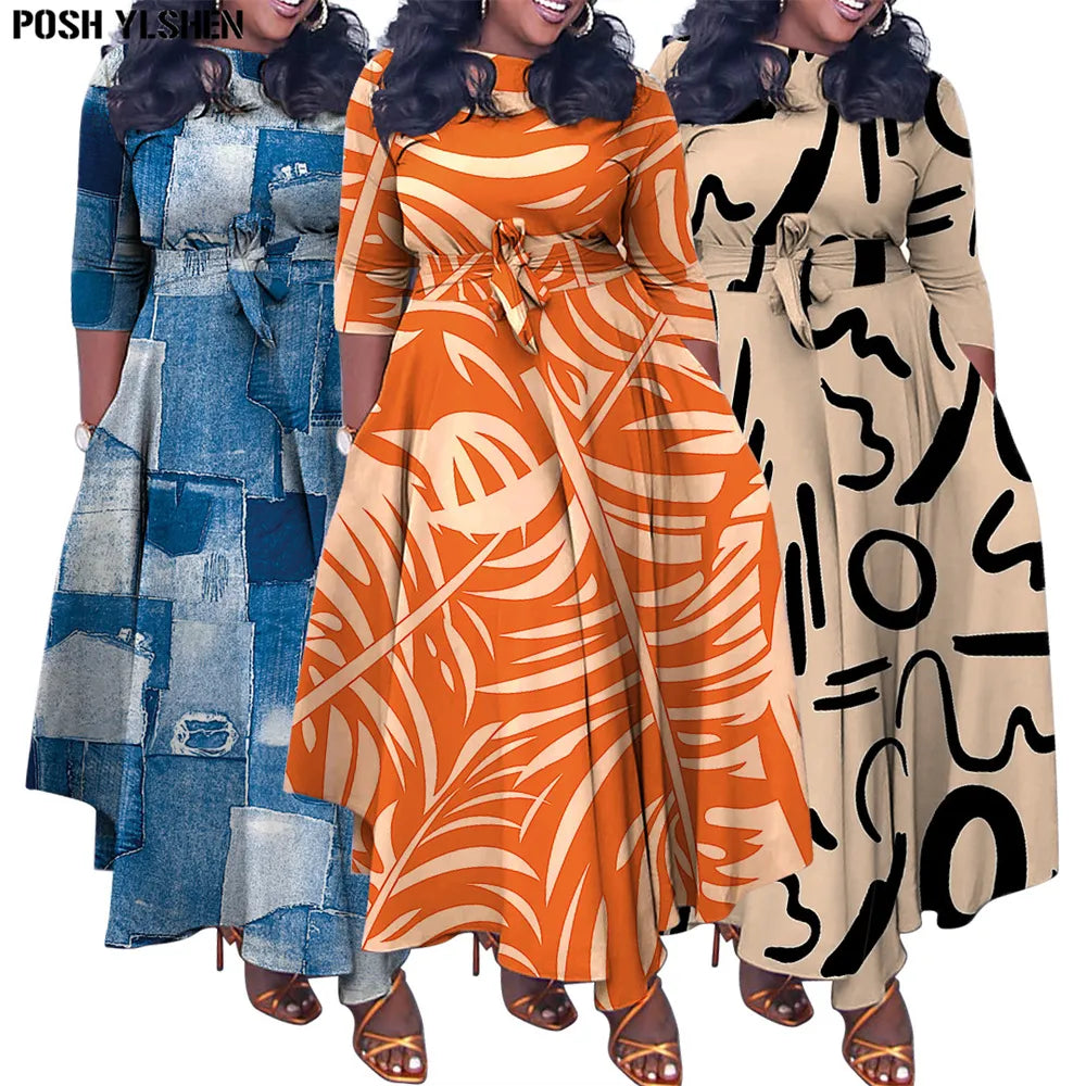 Plus Size Fashion African Party Dresses for Women Dashiki Ankara Lace Up Gowns Elegant Print Turkey Muslim Maxi Dress 2023 New