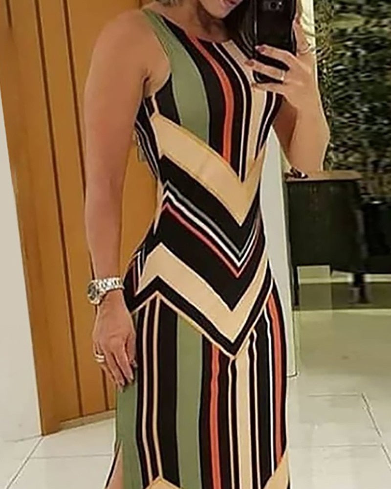 Colorful Striped Print Side Slit Maxi Dress Women Colorblock Sleeveless Slim Long Dresses