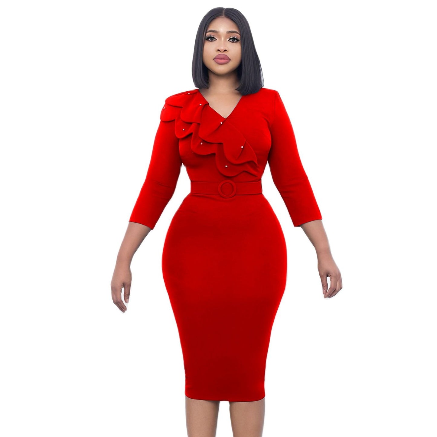 Autumn And Winter Fashion Dress Women&#39;s Solid V-Neck Long Sleeve Pencil Dress Elegant Commuter Fitted Dress