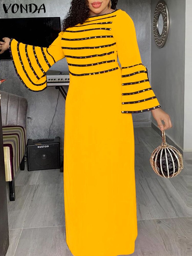 VONDA Women Casual Long Maxi Dress 2023 Ladies O Neck Long Flare Sleeve Holiday Party Dresses Oversize Party Robes Femme Vestido