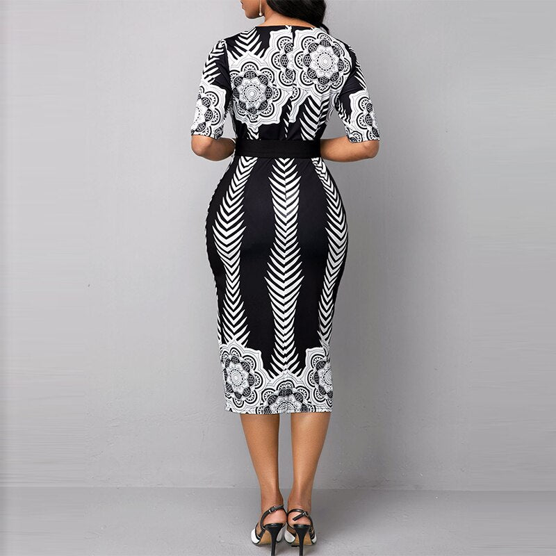 OTEN Women Elegant OL Style Half Sleeve O-Neck Belted Tribal Print Dress Elegant bodycon High Waist Formal Pencil Midi Dress