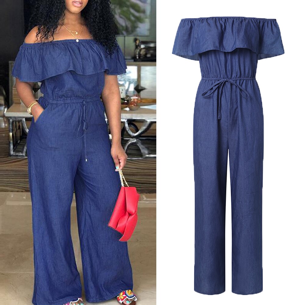 Ladies Sexy Solid Color Jumpsuit, Summer Women Off Shoulder Flouncing Casual Denim Shorts Siamese Trousers with Belt