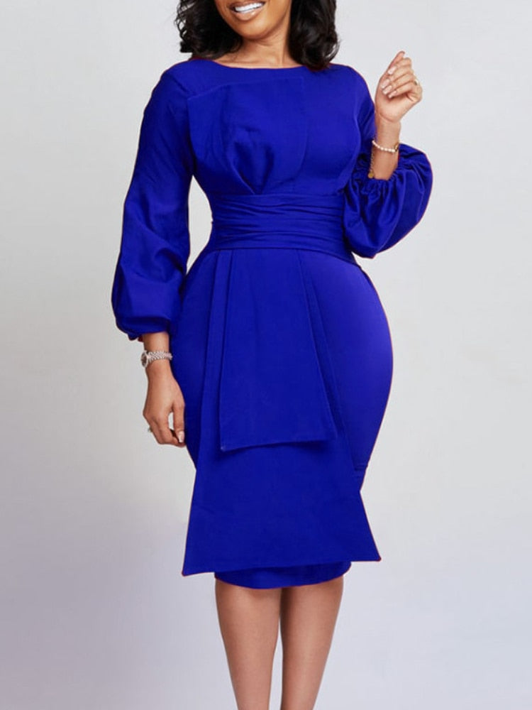 Puff Sleeve Midi Dress Women Ruffle Crew Neck Formal Party Cocktail Pencil Dress with Bow Belt  Vestidos