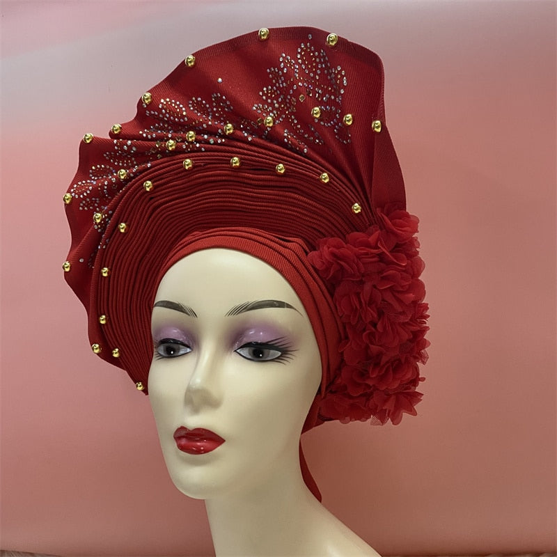 latest aso oke auto gele headtie Already Handmade African Cap Nigerian Wedding Gele Women Braid Turbans Ladies head Wraps 7L0981