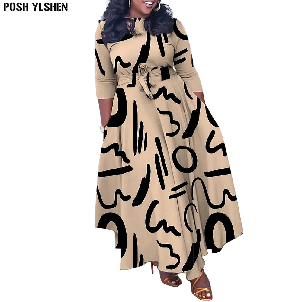 Plus Size Fashion African Party Dresses for Women Dashiki Ankara Lace Up Gowns Elegant Print Turkey Muslim Maxi Dress 2023 New