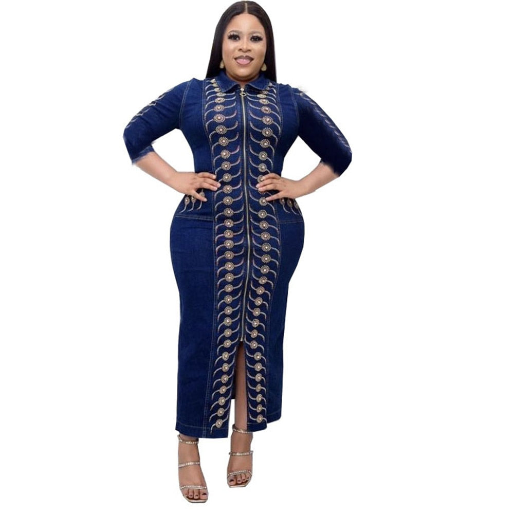 Denim African Dresses for Women 2023 Dashiki Diamond Plus Size African Clothes Long Sleeve Evening Party Dress Abaya Boubou Robe