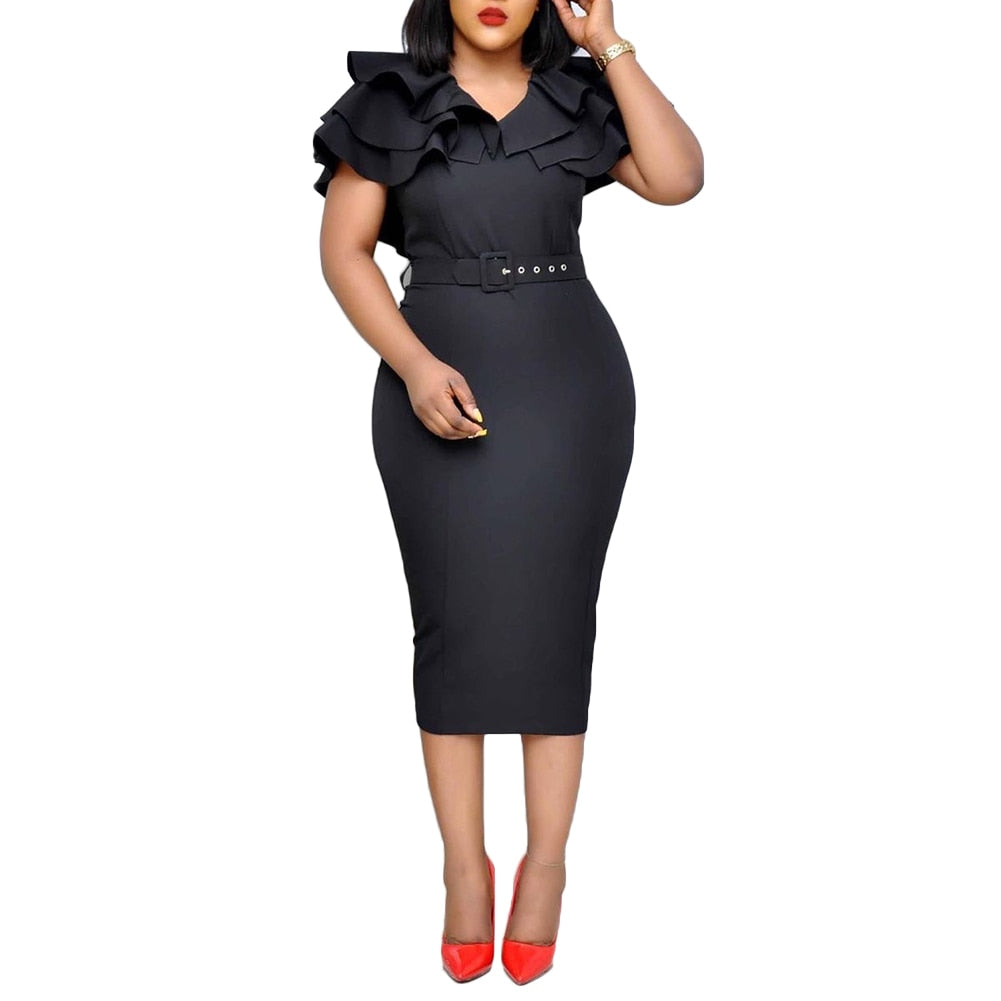 Fashion Women Dresses Summer 2022 Office Lady Solid Color V Neck Short Ruffled Sleeve Belt Bodycon Midi Dress New Vestidos Robe