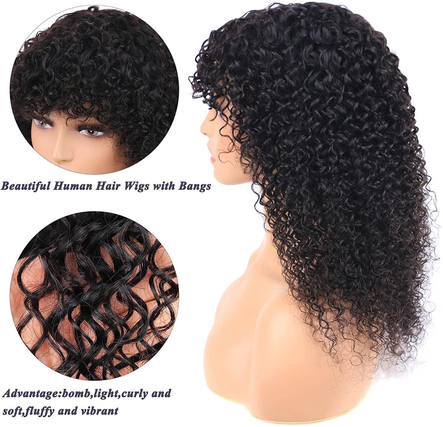 Jerry Curly Human Hair Wigs With Bangs Brazilian Remy Curly Human Hair Wigs For Women Full Machine Made No Lace Curly Fringe Wig