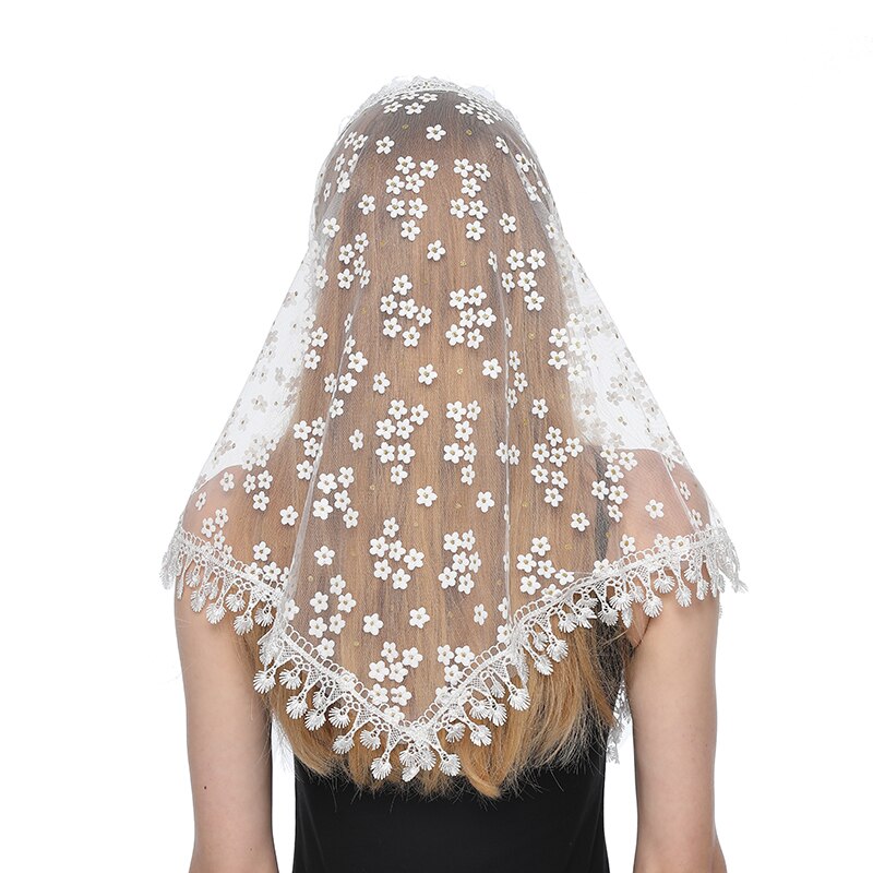 Women Triangle Scarf for Church Prayer Shawl Embroidered Lace Veil Floral Headcovering Tassel Veils Mantillas for the Church's