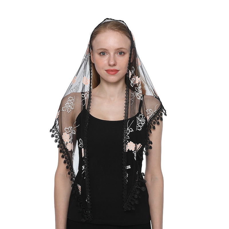 Women Triangle Scarf for Church Prayer Shawl Embroidered Lace Veil Floral Headcovering Tassel Veils Mantillas for the Church's