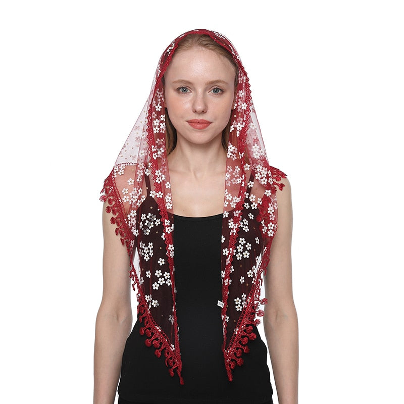 Women Triangle Scarf for Church Prayer Shawl Embroidered Lace Veil Floral Headcovering Tassel Veils Mantillas for the Church's