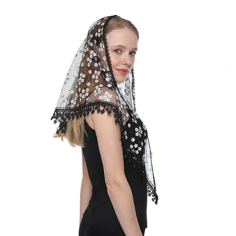 Women Triangle Scarf for Church Prayer Shawl Embroidered Lace Veil Floral Headcovering Tassel Veils Mantillas for the Church's