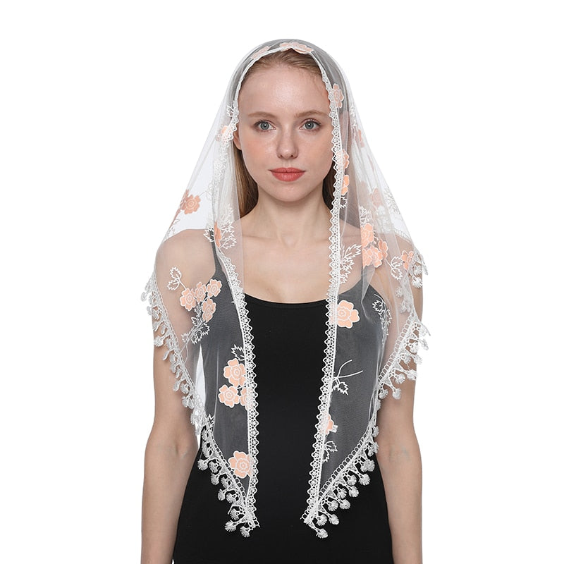 Women Triangle Scarf for Church Prayer Shawl Embroidered Lace Veil Floral Headcovering Tassel Veils Mantillas for the Church's