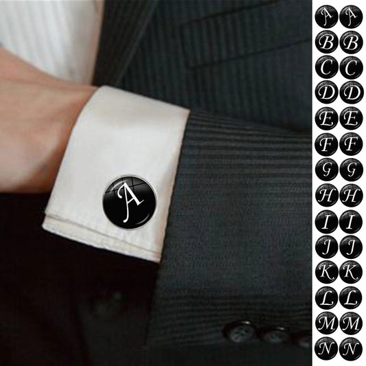 Men's Fashion A-Z Alphabet Cufflinks Silver Color Glass Dome Letter Cuff Button for Male Gentleman Shirt Wedding Cuff Links Gift