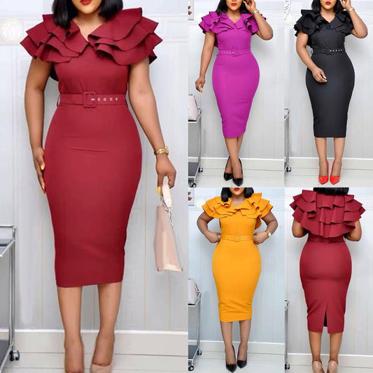 Fashion Women Dresses Summer 2022 Office Lady Solid Color V Neck Short Ruffled Sleeve Belt Bodycon Midi Dress New Vestidos Robe