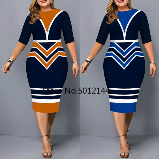 Plus Size Dress Elegant Geometric Print Evening Party Dress 2023 Autumn Women Flare Short Sleeve Yellow Casual Dress 3XL 4XL 5XL