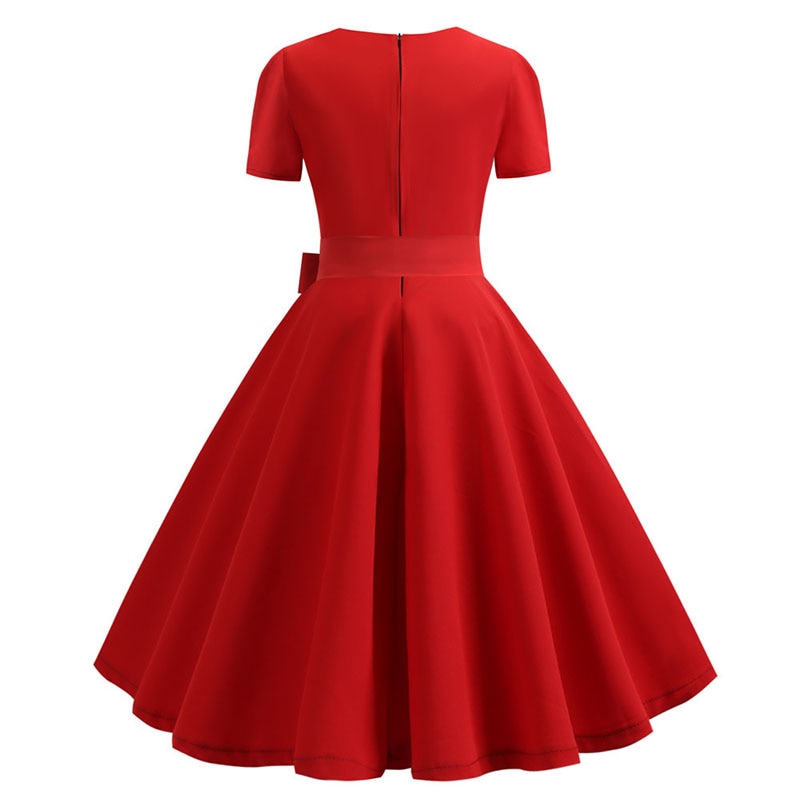 Women Square Collar Elegant Vintage Summer Dress Short Sleeve Rockabilly Pin Up Midi Dress Robe Femme Casual Office Party Dress