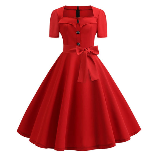 Women Square Collar Elegant Vintage Summer Dress Short Sleeve Rockabilly Pin Up Midi Dress Robe Femme Casual Office Party Dress