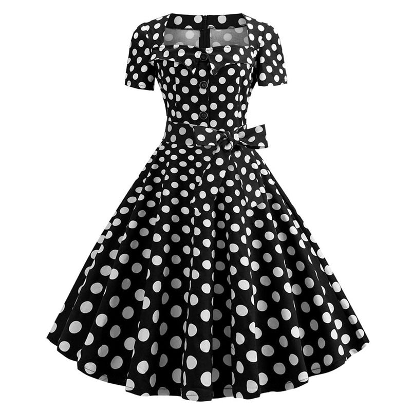 Women Square Collar Elegant Vintage Summer Dress Short Sleeve Rockabilly Pin Up Midi Dress Robe Femme Casual Office Party Dress