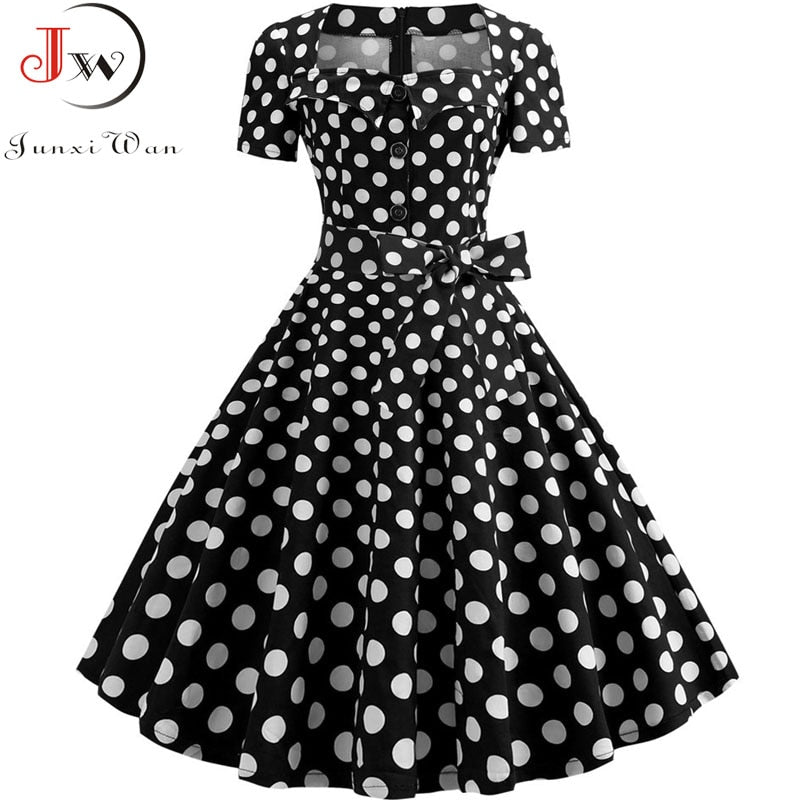 Women Square Collar Elegant Vintage Summer Dress Short Sleeve Rockabilly Pin Up Midi Dress Robe Femme Casual Office Party Dress