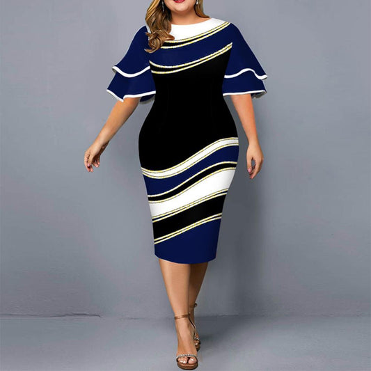 Plus Size Dresses 2021 Autumn Elegant Layered Bell Sleeve Evening Party Dress Ladies Chic Geometric Print Club Dress 3XL 4XL 5XL