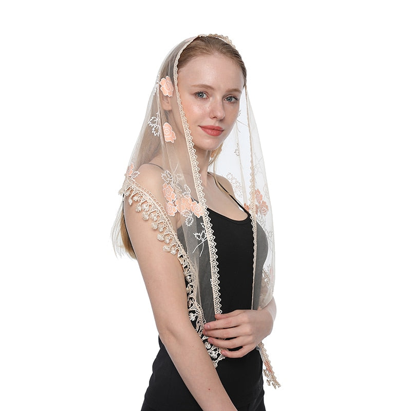 Women Triangle Scarf for Church Prayer Shawl Embroidered Lace Veil Floral Headcovering Tassel Veils Mantillas for the Church's