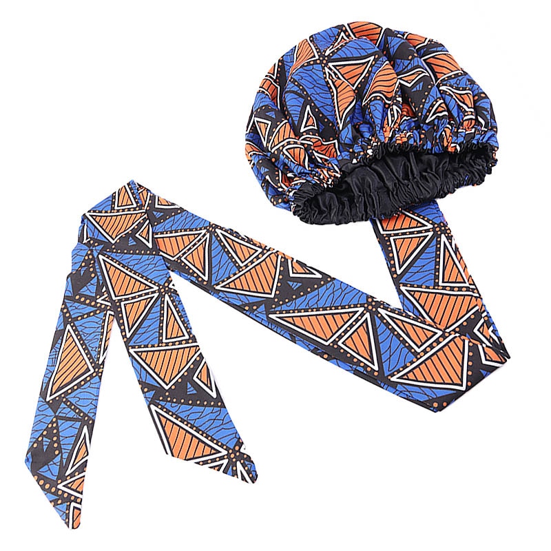 African Pattern Print Satin Bonnet Women Night Sleep Cap Long Ribbon Headwrap Double Layer Headscarf Big Size Adult Hair Cover