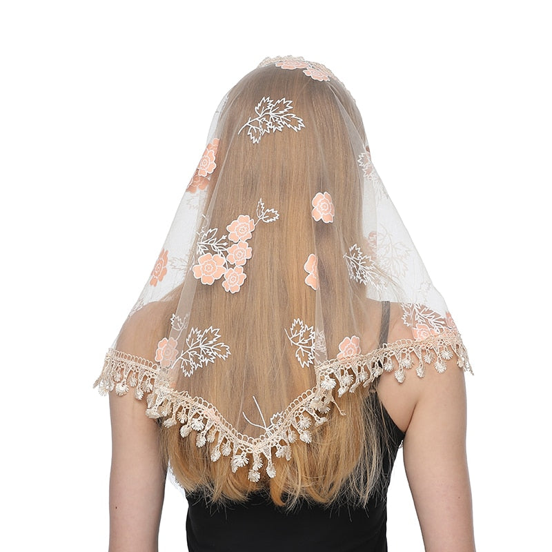 Women Triangle Scarf for Church Prayer Shawl Embroidered Lace Veil Floral Headcovering Tassel Veils Mantillas for the Church's